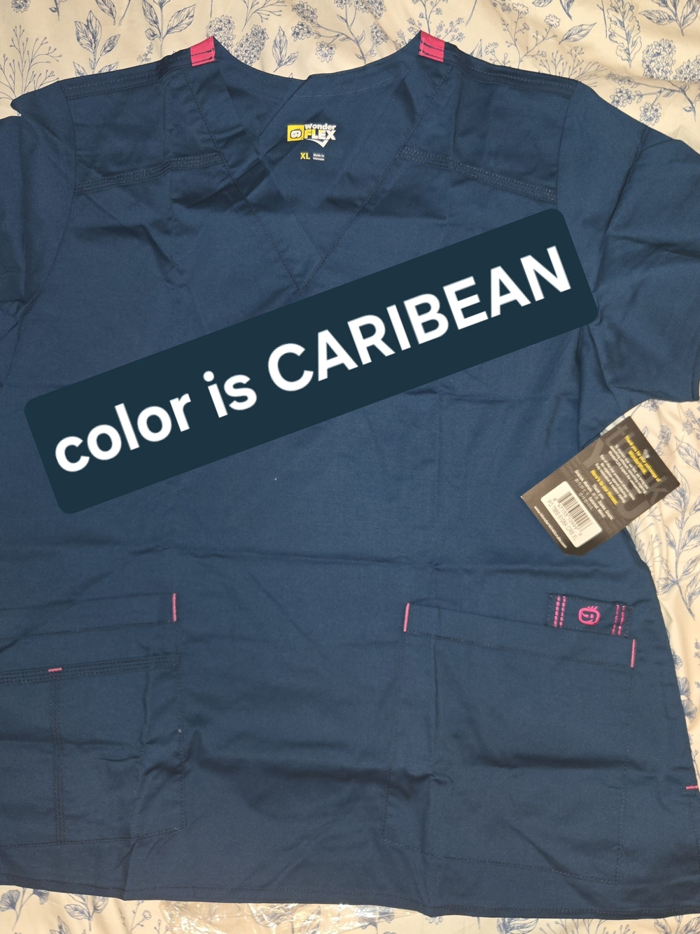 WonderWink Caribbean Blue Scrub Top with Pink Accents